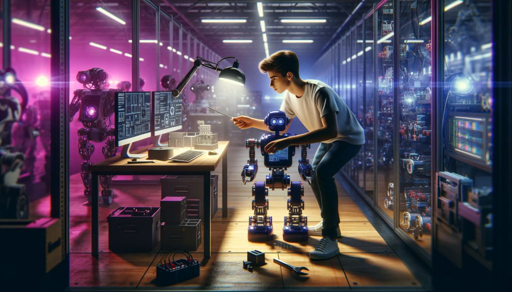 dalle 2023 11 16 12 01 27 o imagine orizontală largă care arată un tânăr inginer care programează un robot într-un cadru avansat tehnologic în care mediul este echipat cu roboti