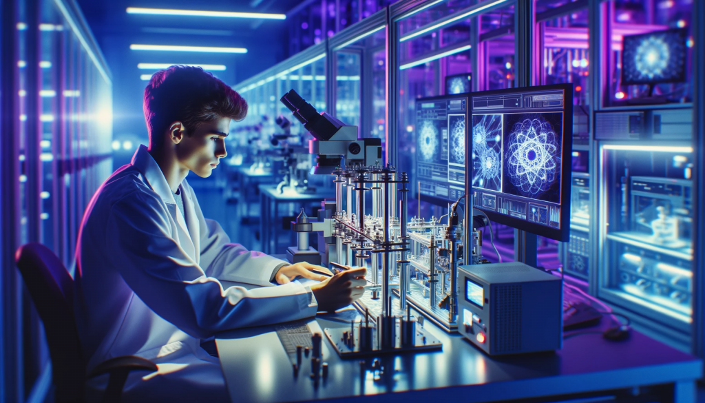 dalle 2023 11 16 12 02 10 a wide horizontal image of a young scientist conducting research in a high tech laboratory the lab is filled with advanced scientific equipment and