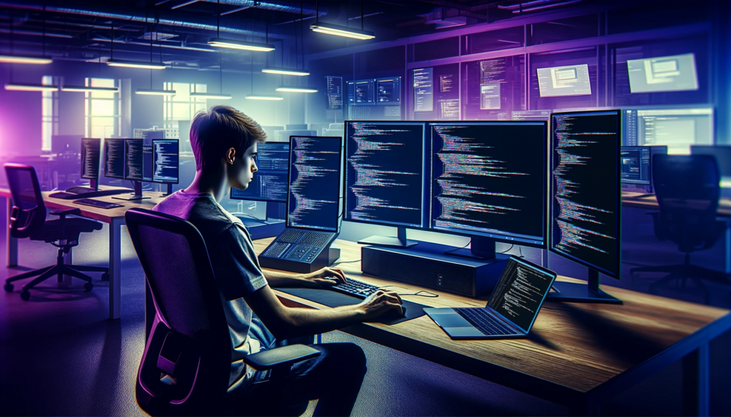 dalle 2023 11 16 12 06 45 широко хоризонтално изображение, изобразяващо млад разработчик на софтуер, кодиращ на мултиекранна компютърна настройка в модерен офис, средата е оборудвана