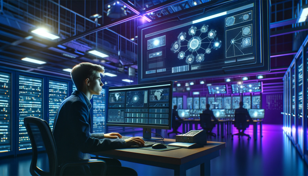 dalle 2023 11 16 12 08 21 широко хоризонтално изображение, изобразяващо млад експерт по киберсигурност, наблюдаващ мрежовата сигурност на компютър в защитен оперативен център центърът е