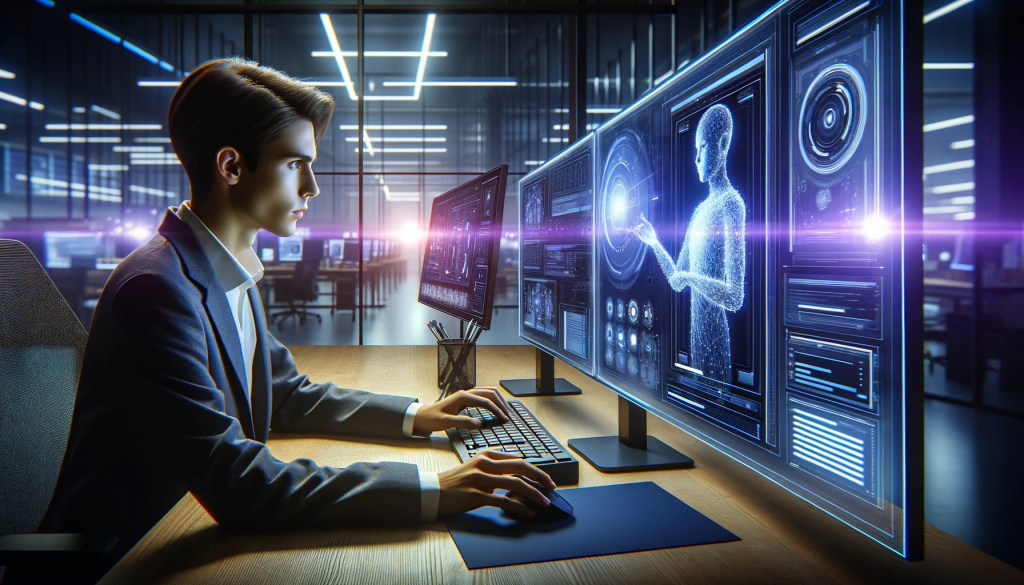 dalle 2023 11 16 14 49 14 a wide horizontal image of a young linguist using ai translation tools in a futuristic office the office is equipped with advanced technology multi