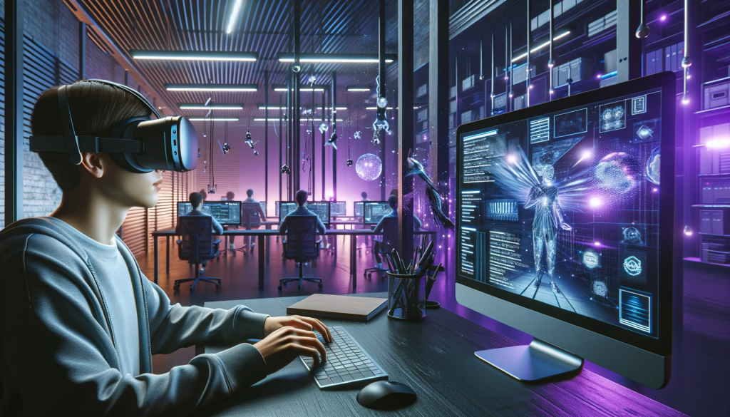 dalle 2023 11 16 14 49 35 a wide horizontal image depicting a young translator working with virtual reality technology in a modern innovative workspace the workspace is equi