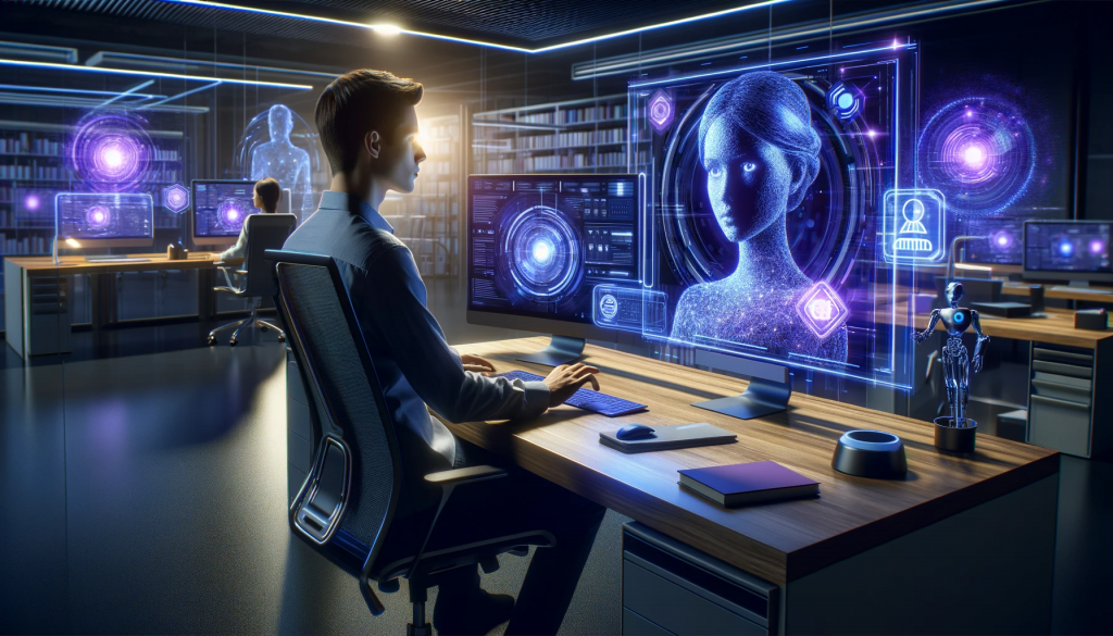 dalle 2023 11 16 15 01 48 o imagine orizontală largă înfățișând un tânăr lingvist folosind instrumente de traducere IA într-un birou futurist biroul este echipat cu tehnologie avansată