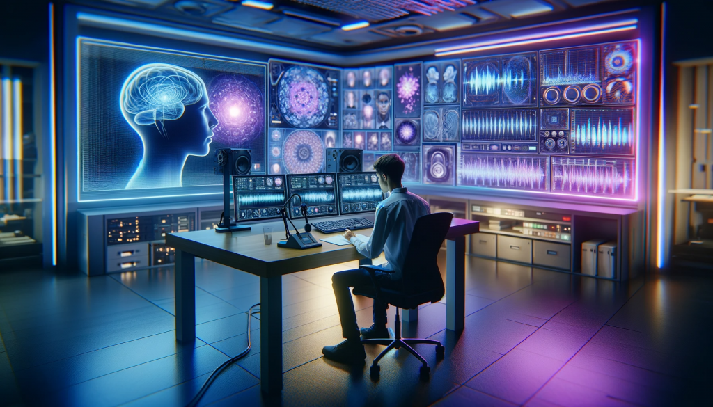 dalle 2023 11 16 15 02 13 a wide horizontal image featuring a young researcher analyzing speech patterns in a state of the art linguistic lab the lab is equipped with cutting