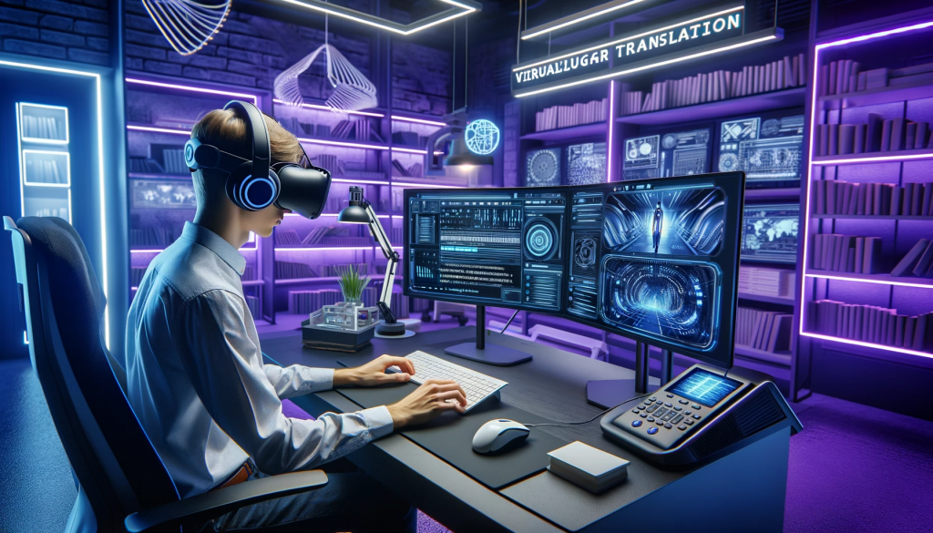 dalle 2023 11 16 15 02 35 широкое горизонтальное изображение, на котором изображен молодой переводчик, работающий с технологией виртуальной реальности в высокотехнологичной студии перевода, студия оборудована
